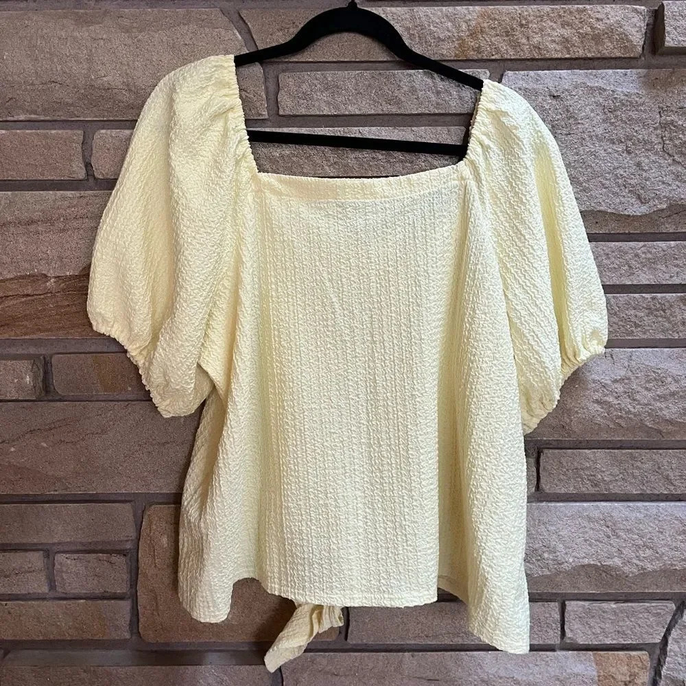 LOFT Women’s Square Neck Tie Front Soft Butter Yellow Blouse Puff Sleeve Top XL